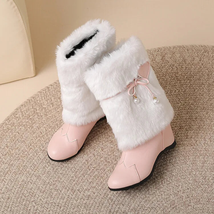 Women's Love Pearl Plush Leather Round Toe Short Boots