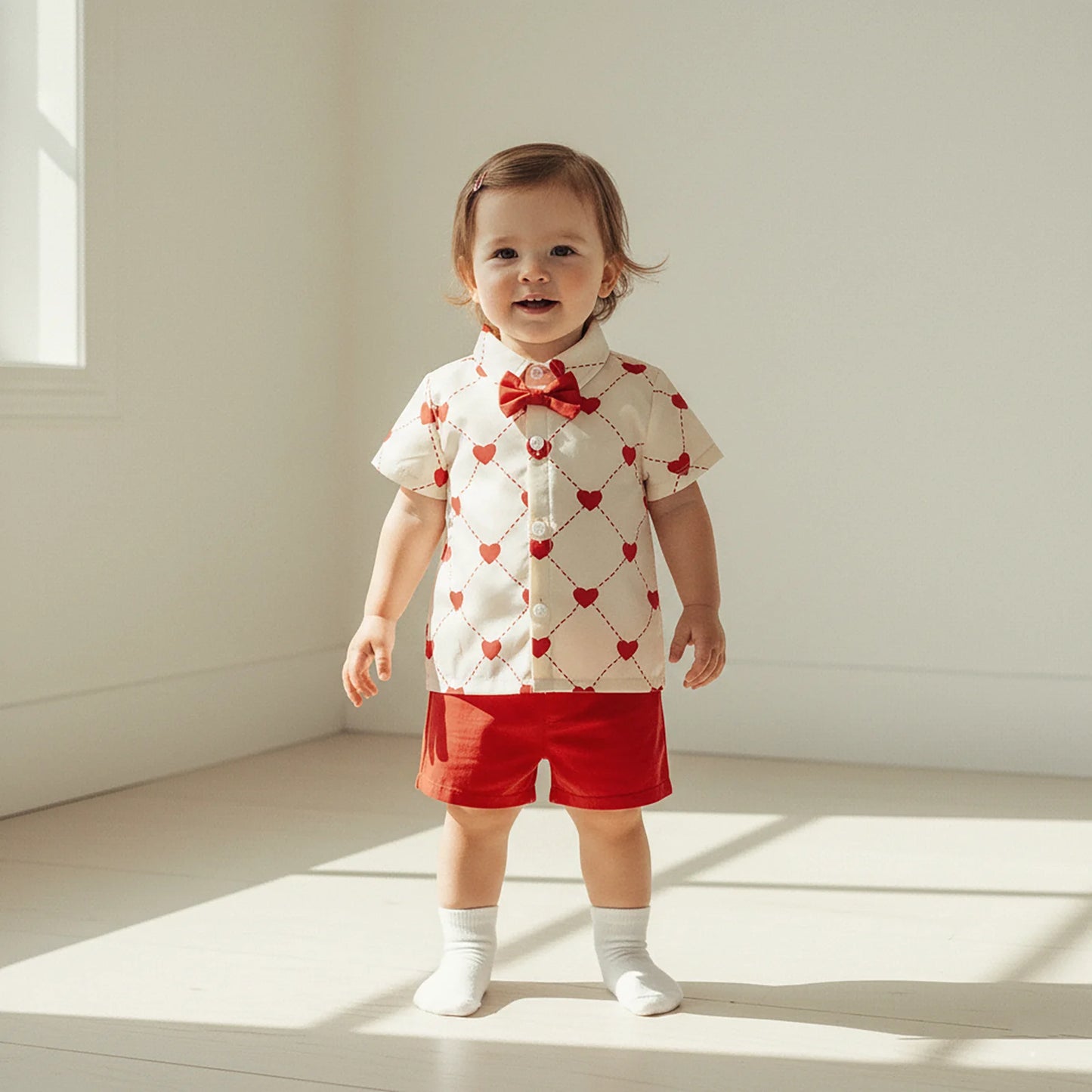 Valentine's Day Baby Boy Outfit Set - Heart Print Bowtie Shirt & Solid Shorts