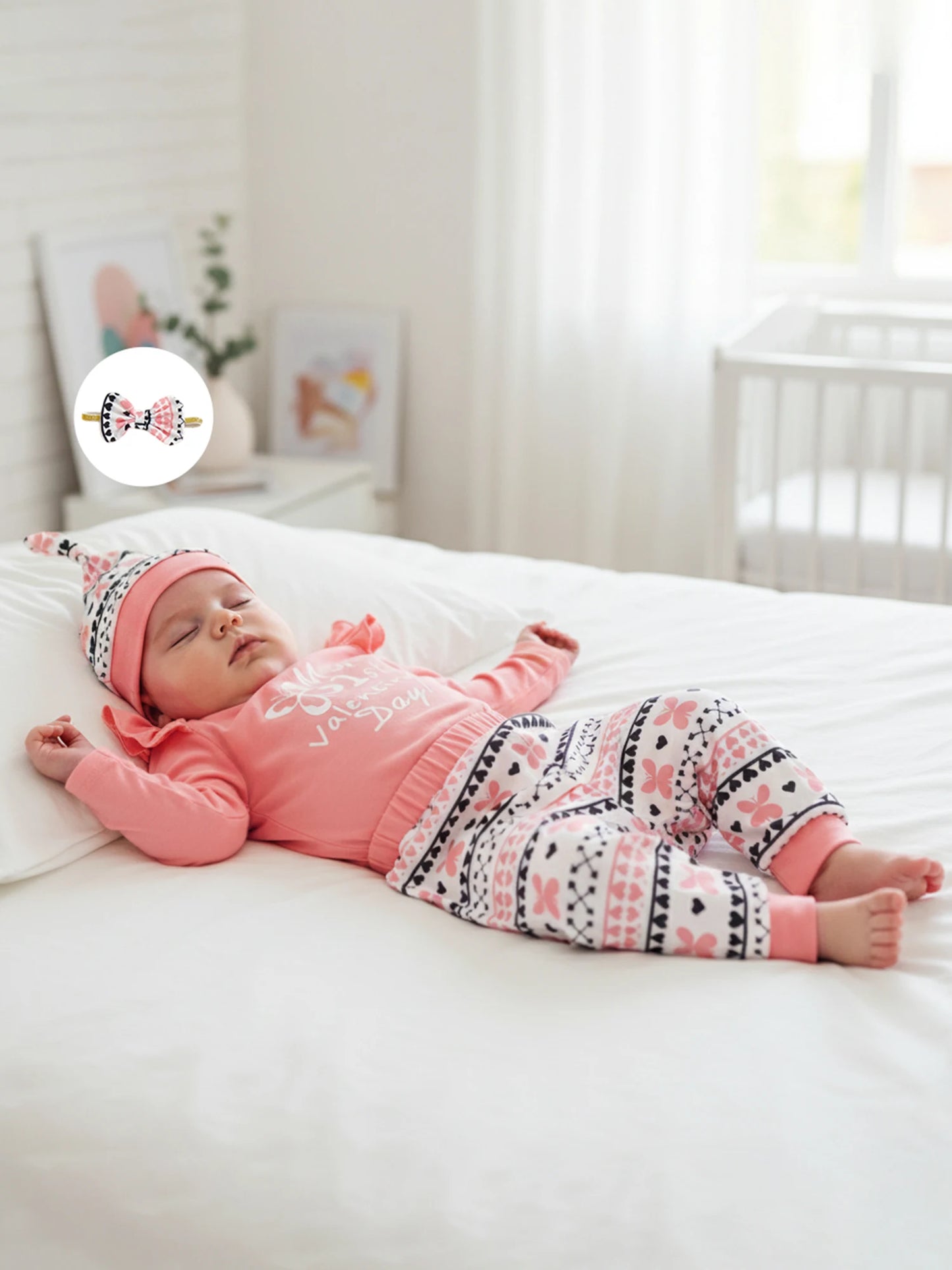 Newborn Baby Girls Boys Valentine's Day Outfit Set - Letter Print Romper with Butterfly Pants & Accessories 0-12M
