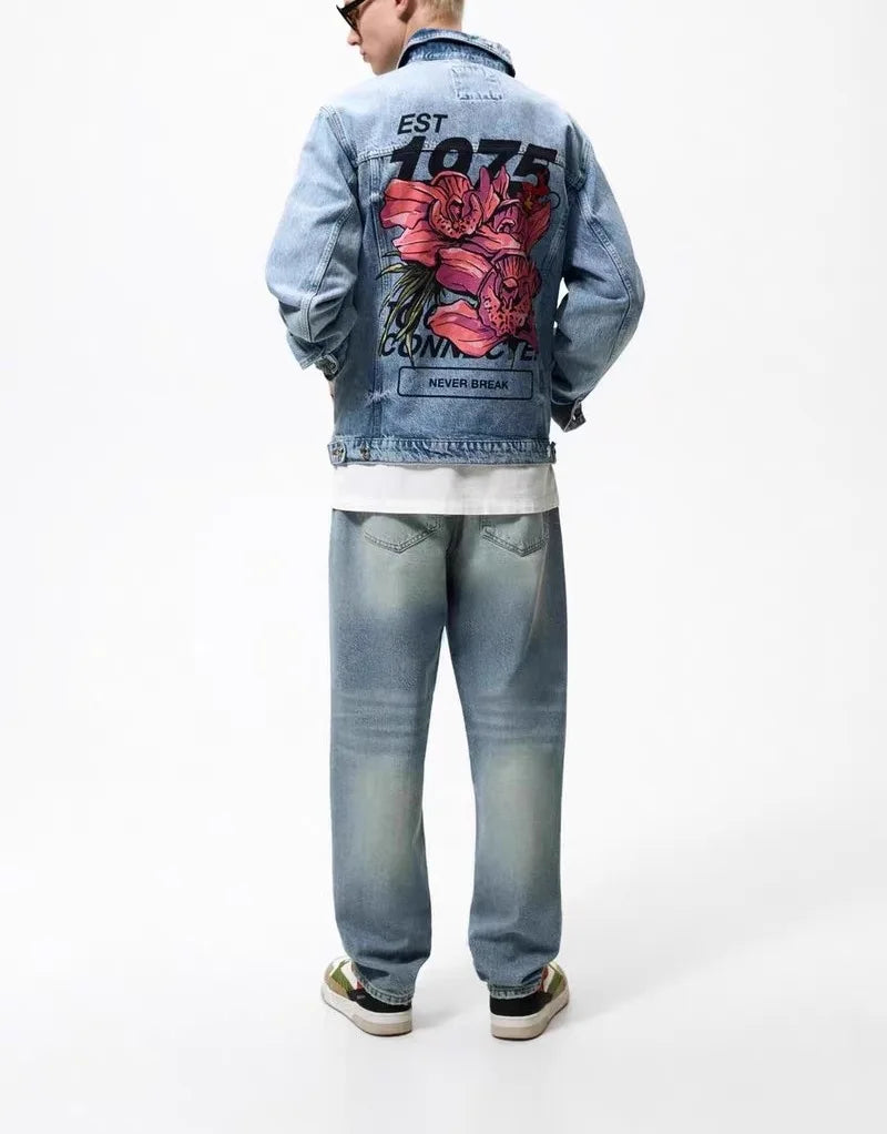 Men's Spring and Autumn Print Denim Jacket