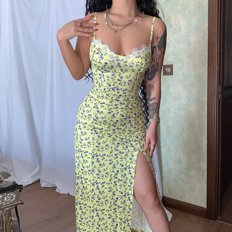 Women Lace Dress- Midi Backless Slit  Summer Elegant Floral Dress