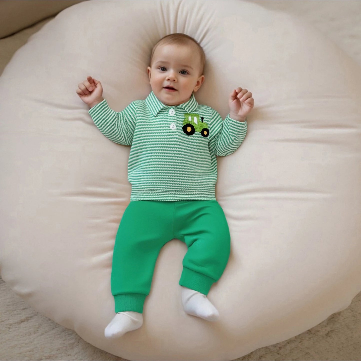 Infant Baby Boys Fall Winter Clothes Set - Long Sleeve Truck Embroidery Striped Top & Elastic Waist Pants