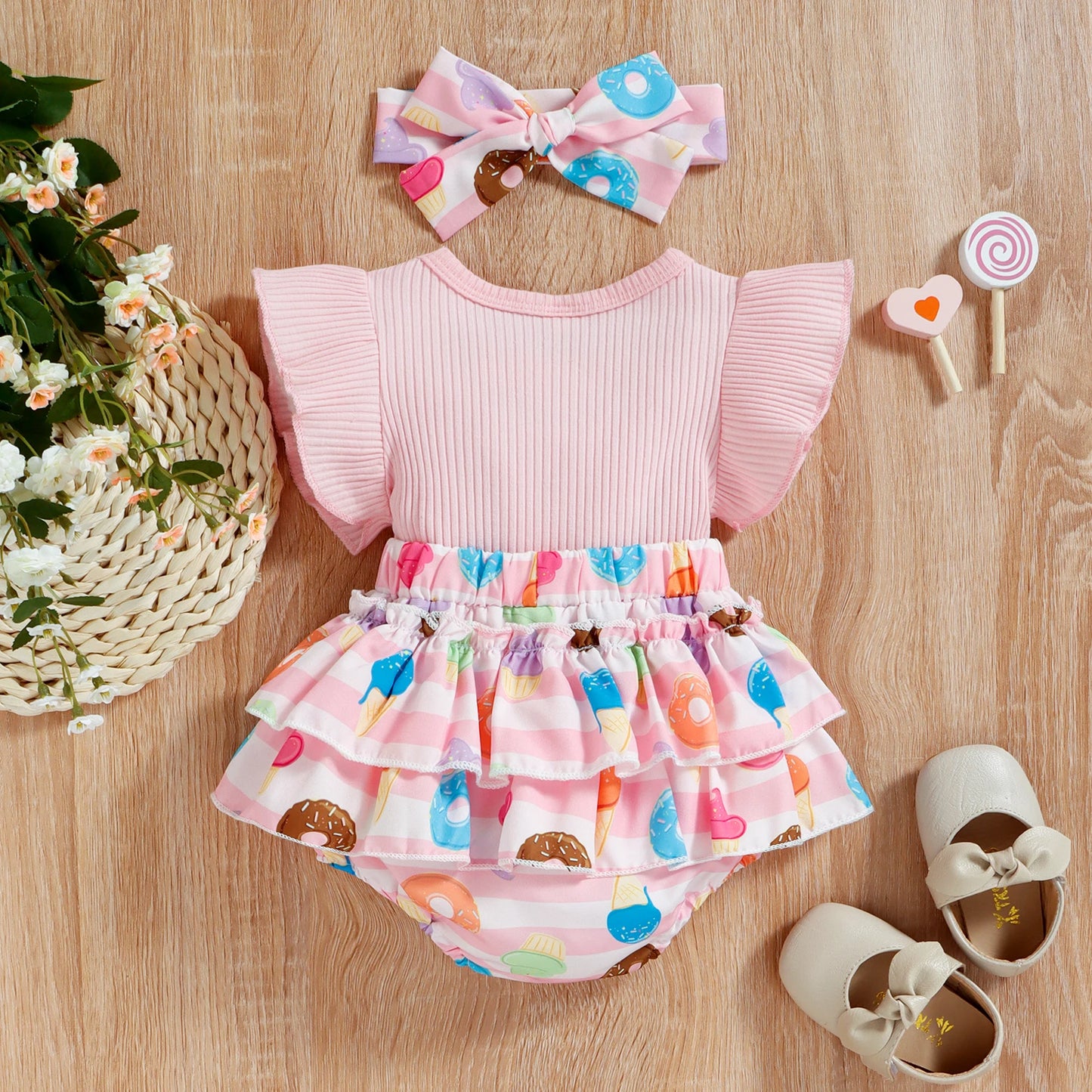 0-18M Baby Girls Romper 2pcs Set - Suspender Bowknot Donut/Flower Printed Ruffle Jumpsuits with Headband