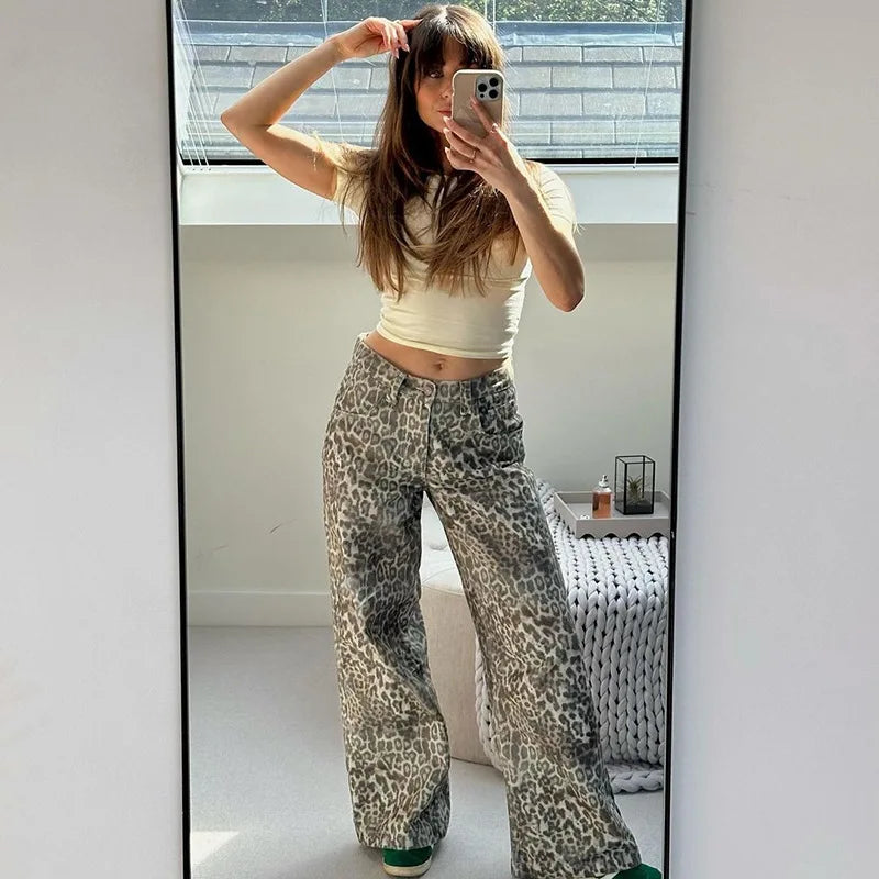 Women's Leopard Print Retro Straight Long Loose Slightly Flared Trousers