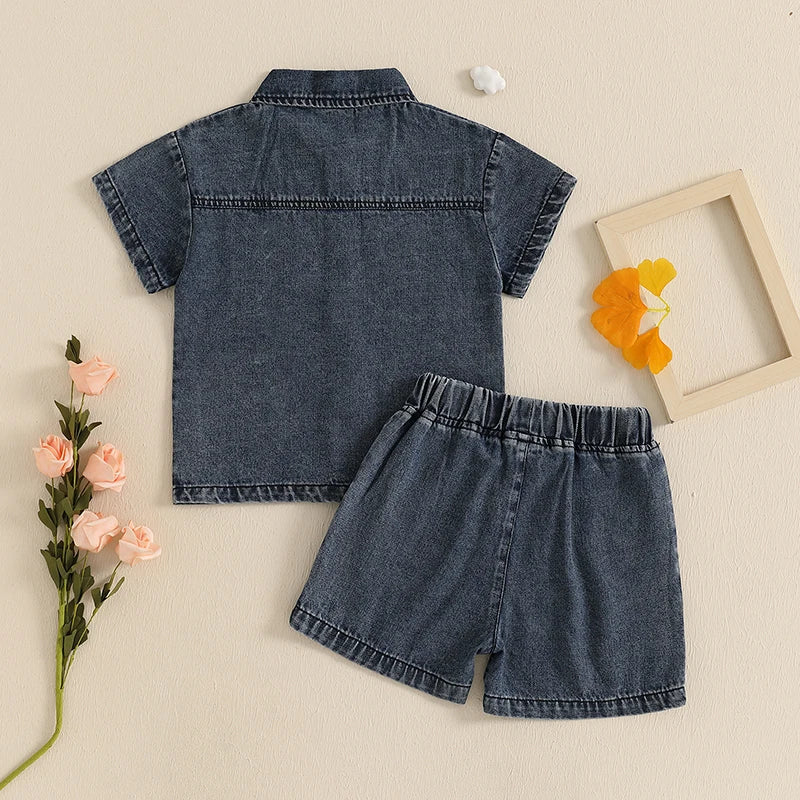 2-6Y  Kids Boys Girls Summer Denim Clothes Sets Short Sleeve Button-down Shirt with Elastic Waist Shorts