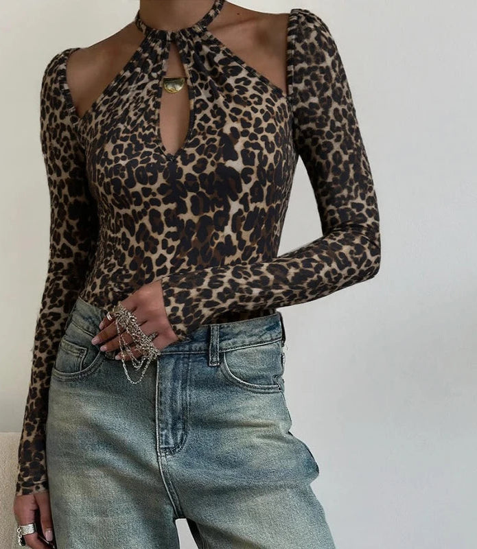 Women's Halter Lace Up Leopard Print Top - Long Sleeve Cut Out Cropped Streetwear
