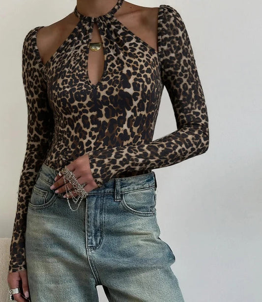 Women's Halter Lace Up Leopard Print Top - Long Sleeve Cut Out Cropped Streetwear