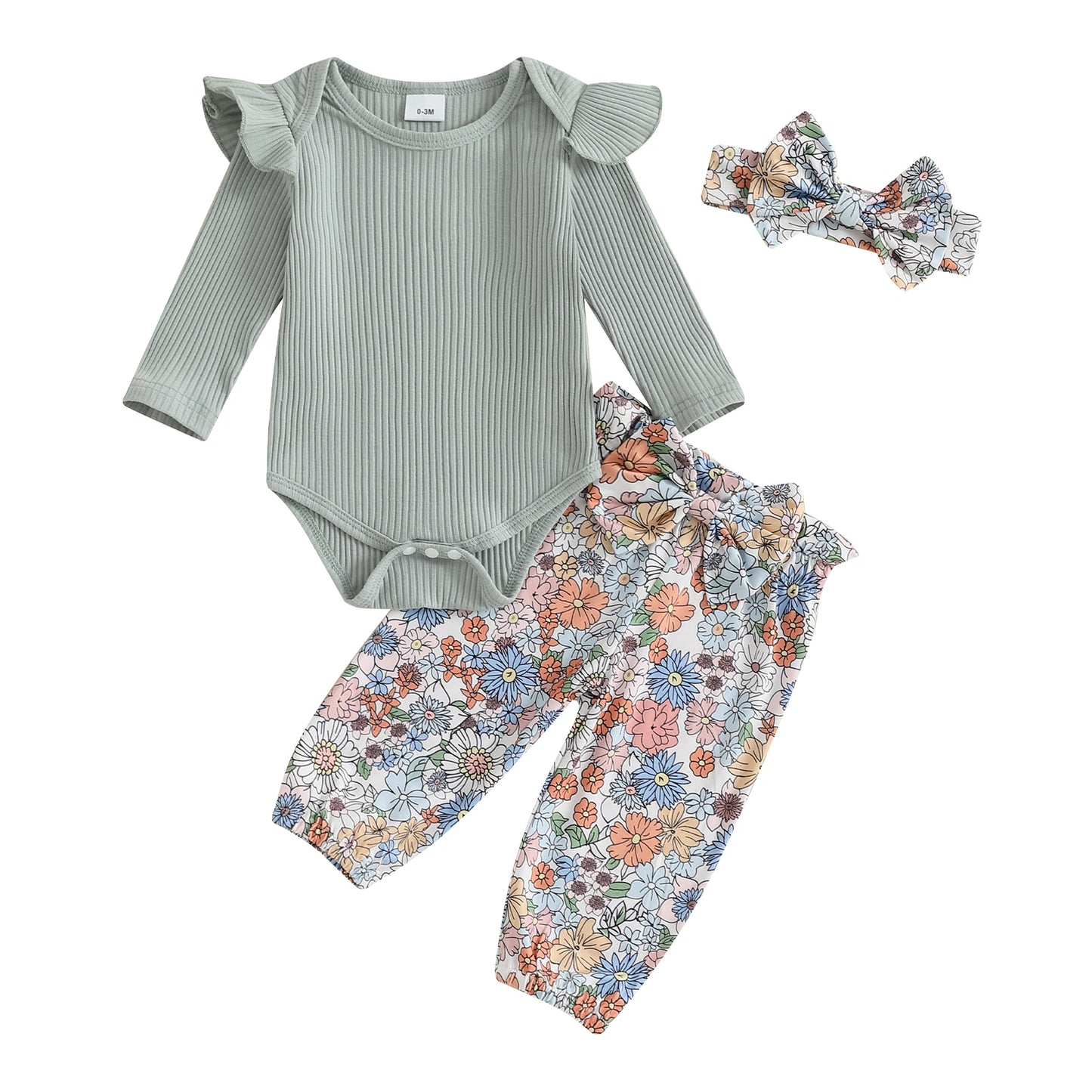 0-18M Baby Girls Fall Clothes Sets 3pcs Long Sleeve Ribbed Romper and Bow Front Pants and Headband