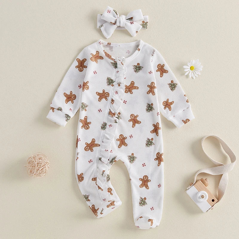 Baby Girls Boys Christmas Footies Jumpsuit Long Sleeve Gingerbread Print Ruffle Romper with Headband