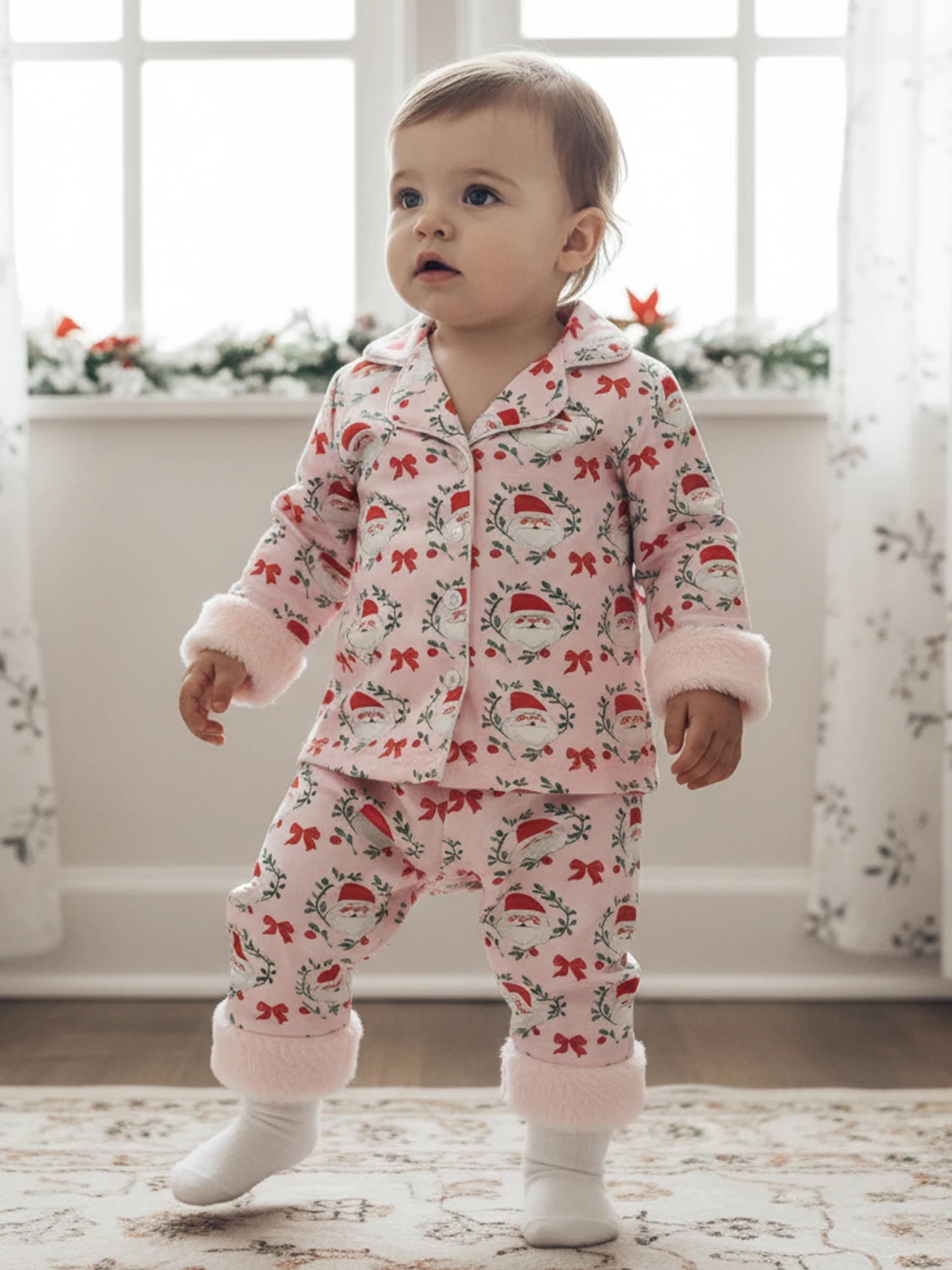 Toddler Girls Christmas Pajamas Set - Santa Claus Bow Print Long Sleeve Top & Pants 1-5Y