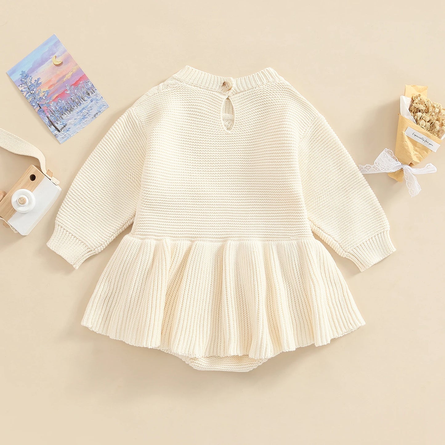 Girls 0-24M Knitted Sweater Romper Dress - Long Sleeve Solid Button Jumpsuit