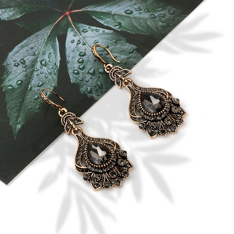 Women's Grey Crystal Antique Gold Colour Drop Earrings