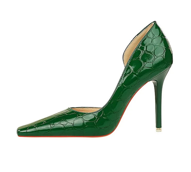 Women's Patent Leather Stone Pattern High Heels Square Head Stilettos Shoes