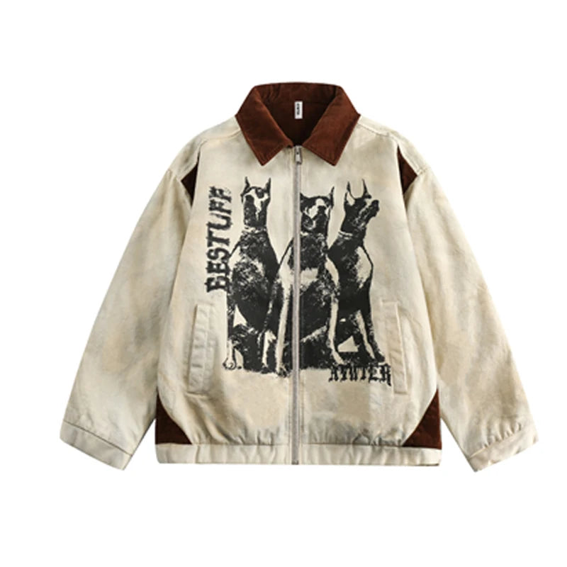 Men's Dog Head Graffiti Print Lapel Jacket Distressed Winter Jacket