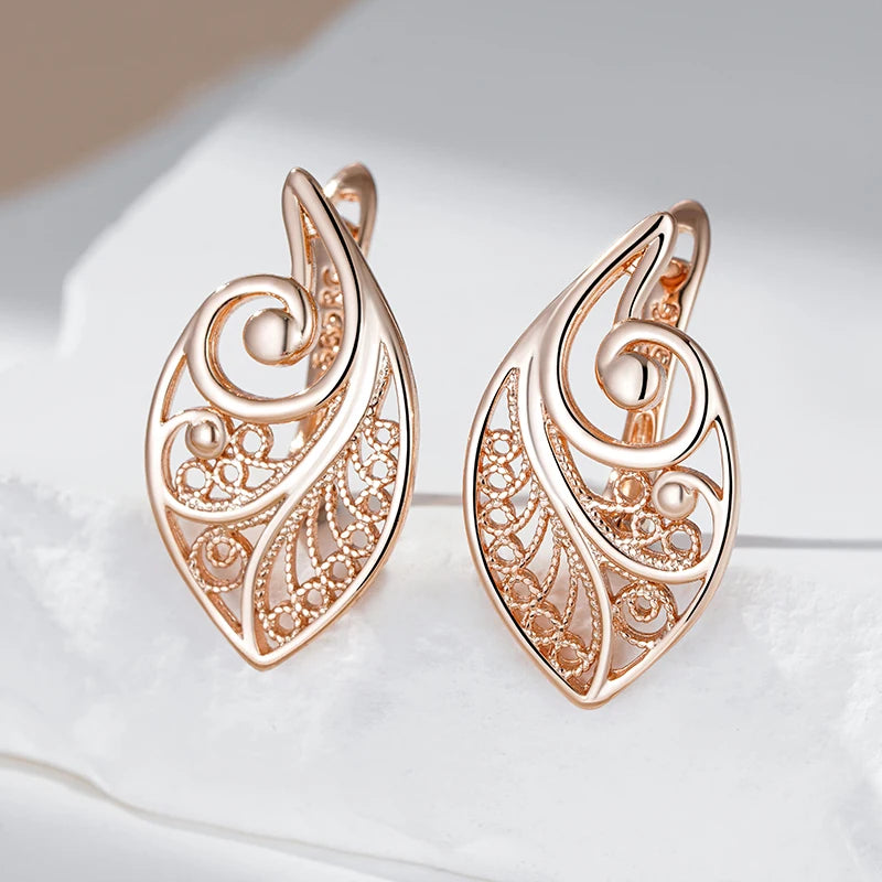 Women's Glossy 585 Rose Gold Colour Ethnic Bridal Unusual Hollow Flower Drop Earrings