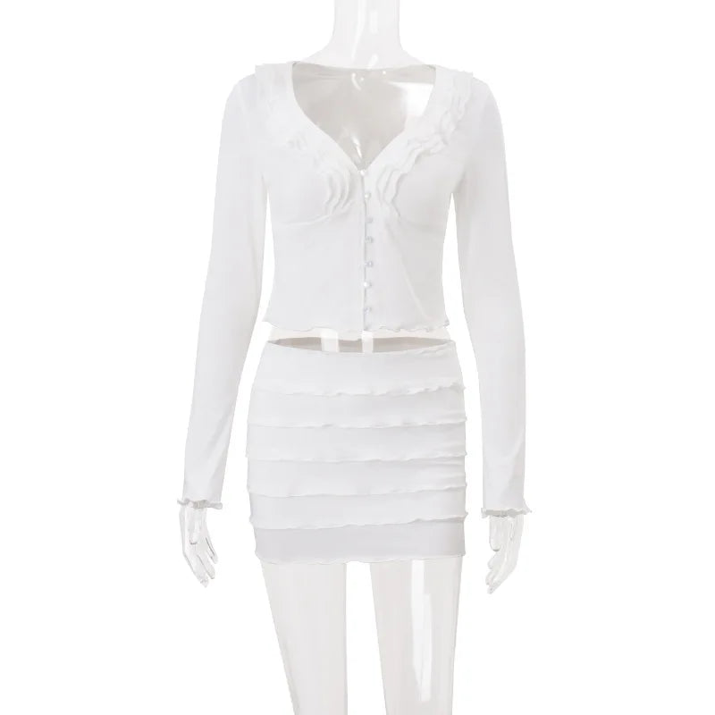 Women's Ruffled Detail Y2K 2 Piece Co-ord Set - Top and Mini Skirt