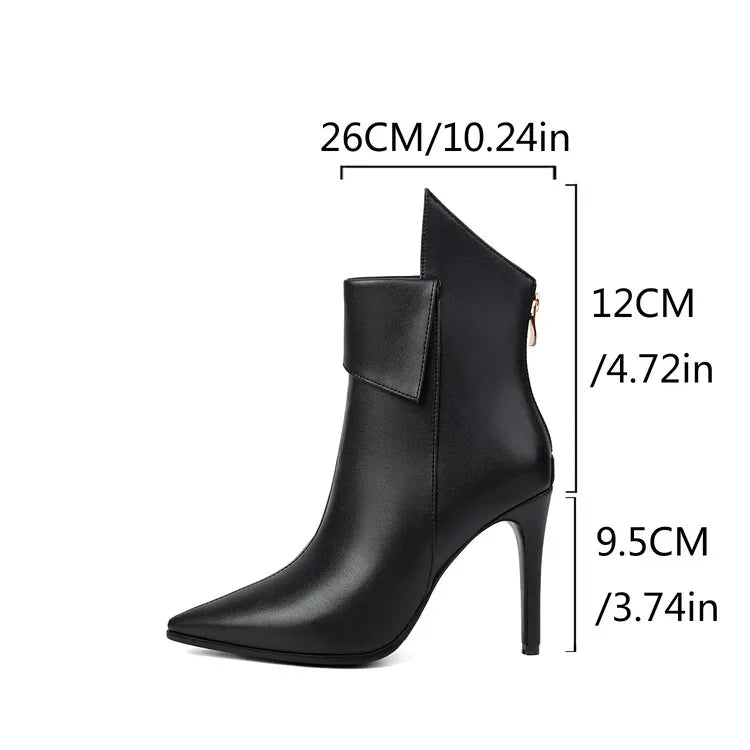 Women's Irregular Design Leather 10cm High-heeled Pointed Back Zipper Short Plush Ankle Boots