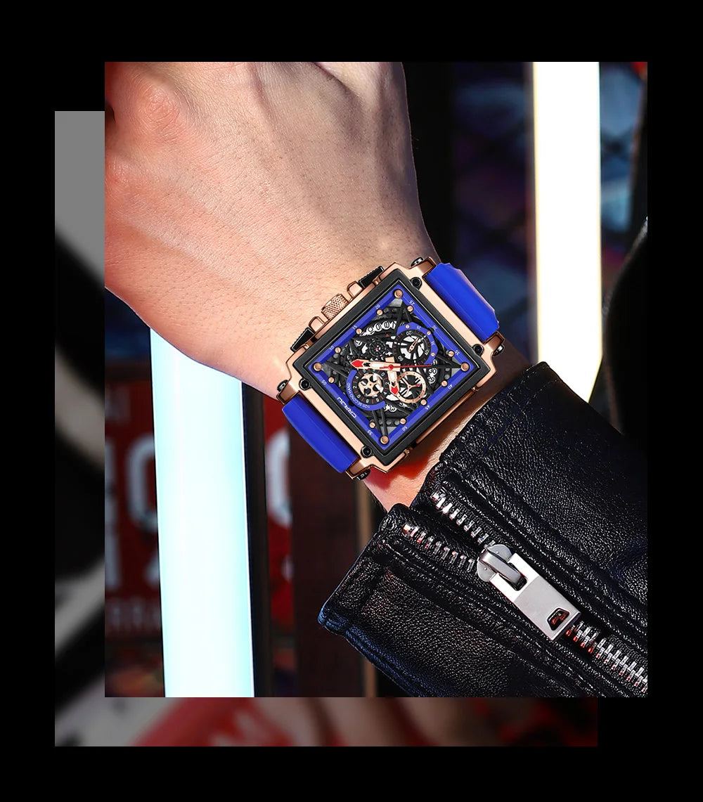 Men's Sports Watch - Large Dial Rectangular Design with Chronograph & Auto Date
