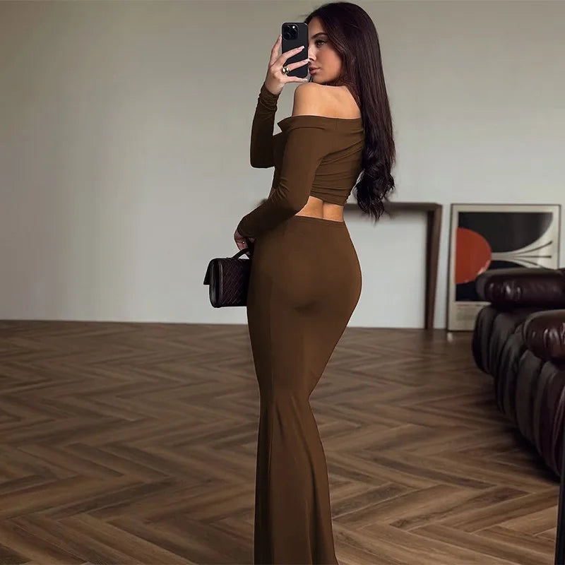Women's Elegant Ruched 2 Piece Dress Set - Asymmetrical Top & Maxi Skirt