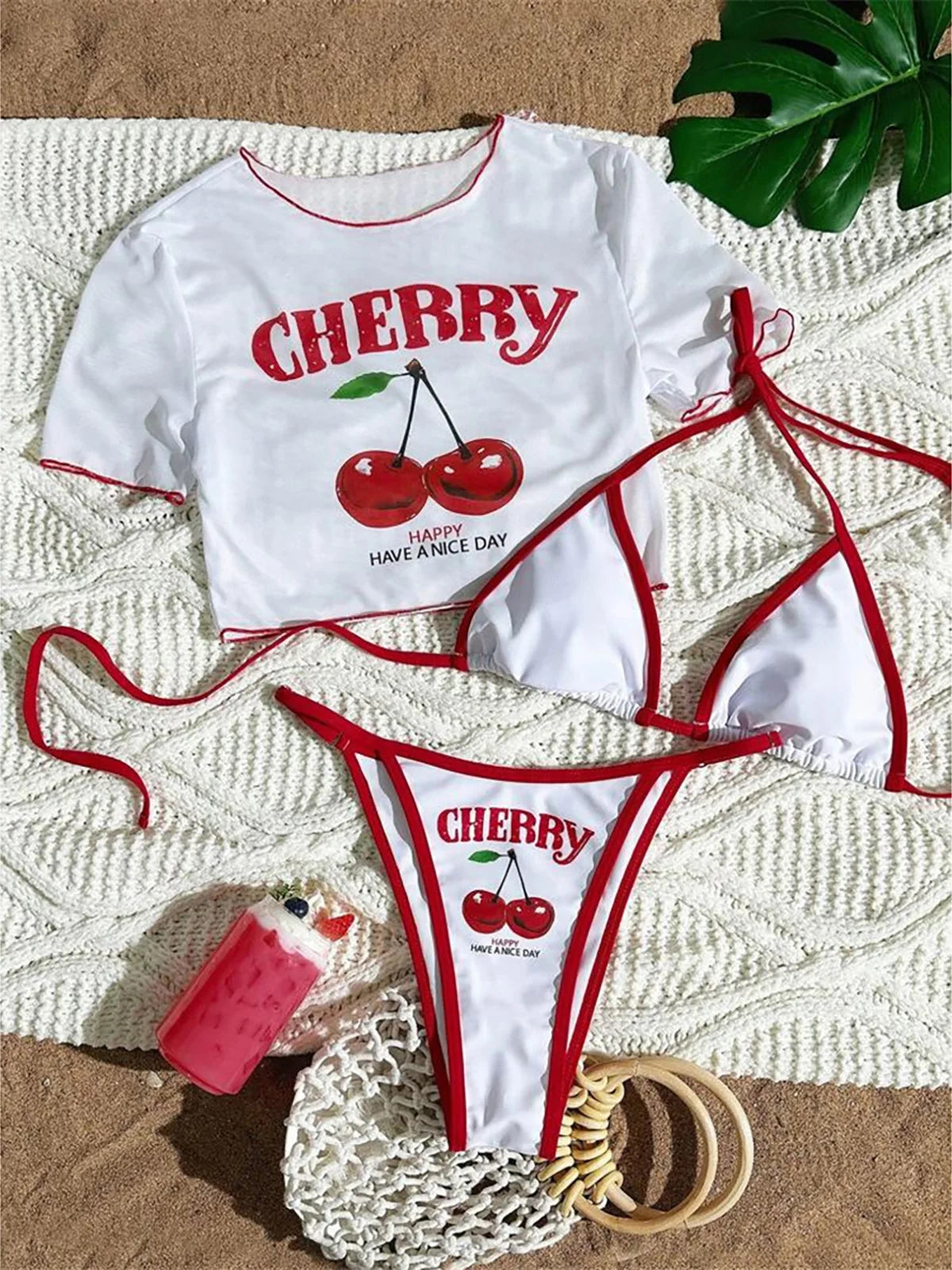 Women's Cherry Printed Short Sleeve Bikini Swimsuit Swimwear Three-pieces Bikini Set