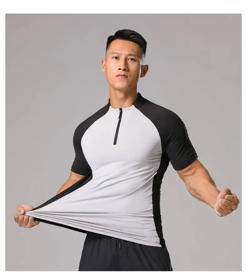 Men's Ice Silk Sweatshirt Elastic Wicking Breathable Tight High Quality Sport Short Sleeves T-shirt