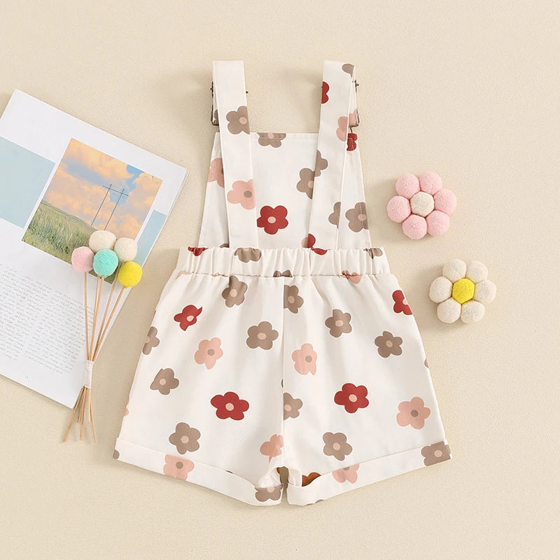 Kids Girls Overalls Shorts 0-6Y Sleeveless Straps Strawberry/Flower Print Denim Button Pocket Jumpsuit