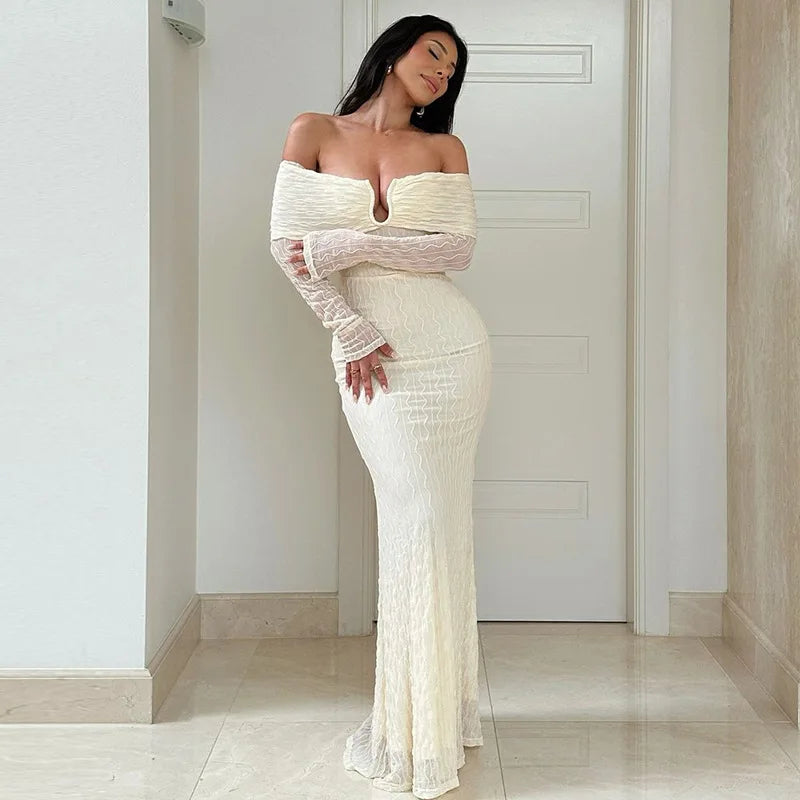 Women's Textured Off Shoulder Maxi Long Sleeve Plunge Dress