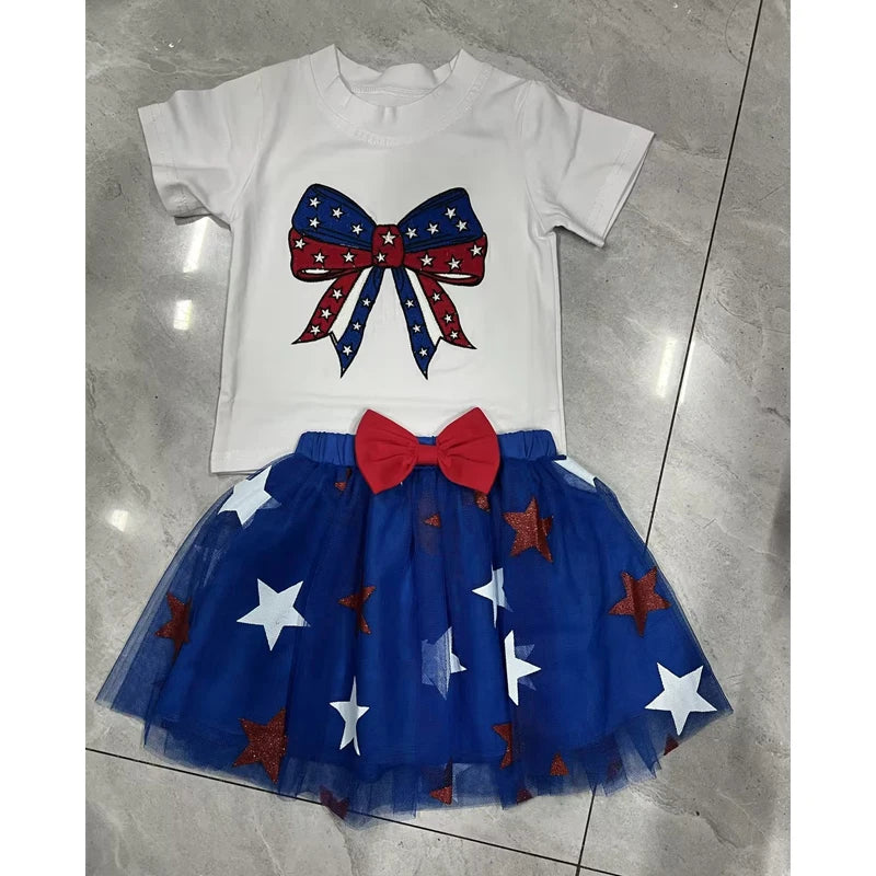 0-4Y Summer Kids Girls USA Clothes Set Short Sleeve Letter Bow Embroidery T Shirts Star Tulle Skirt
