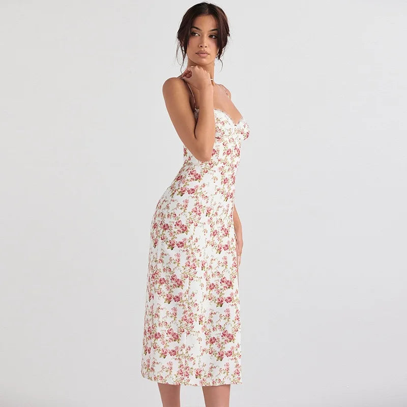 Women Lace Dress- Midi Backless Slit  Summer Elegant Floral Dress