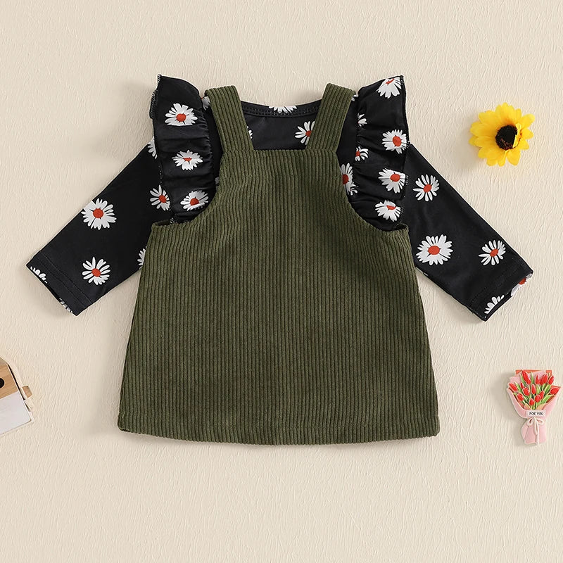 0-18M  Baby Girls Clothes Set 2pcs Floral Print Long Sleeve Ruffled Trim Romper Corduroy Overalls Dress