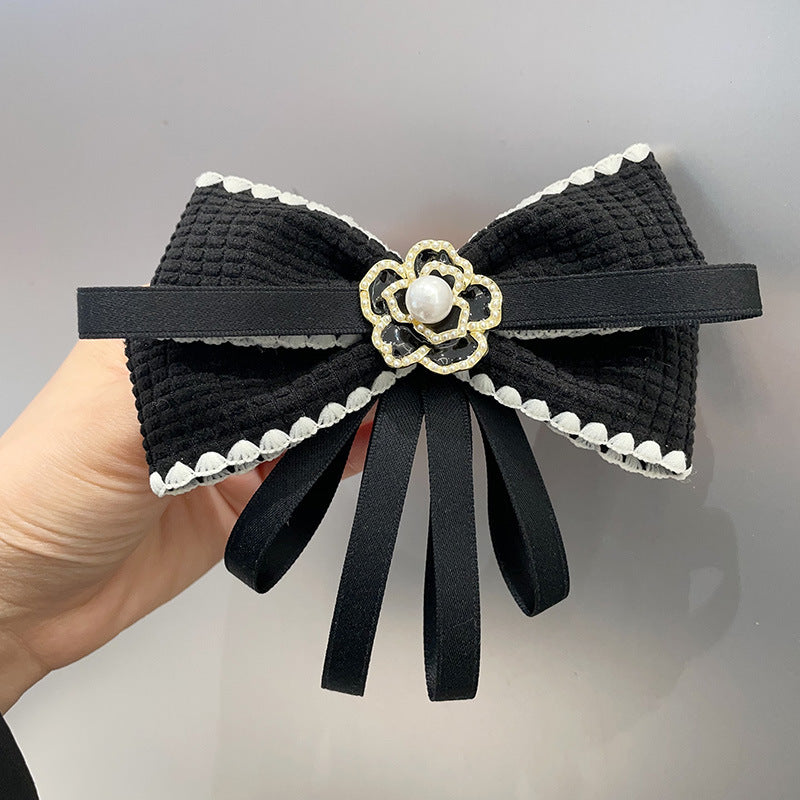 Retro Fabric Bow Tie Camellia Pearl Brooch - Women's Shirt Sweater Collar Pin Necktie