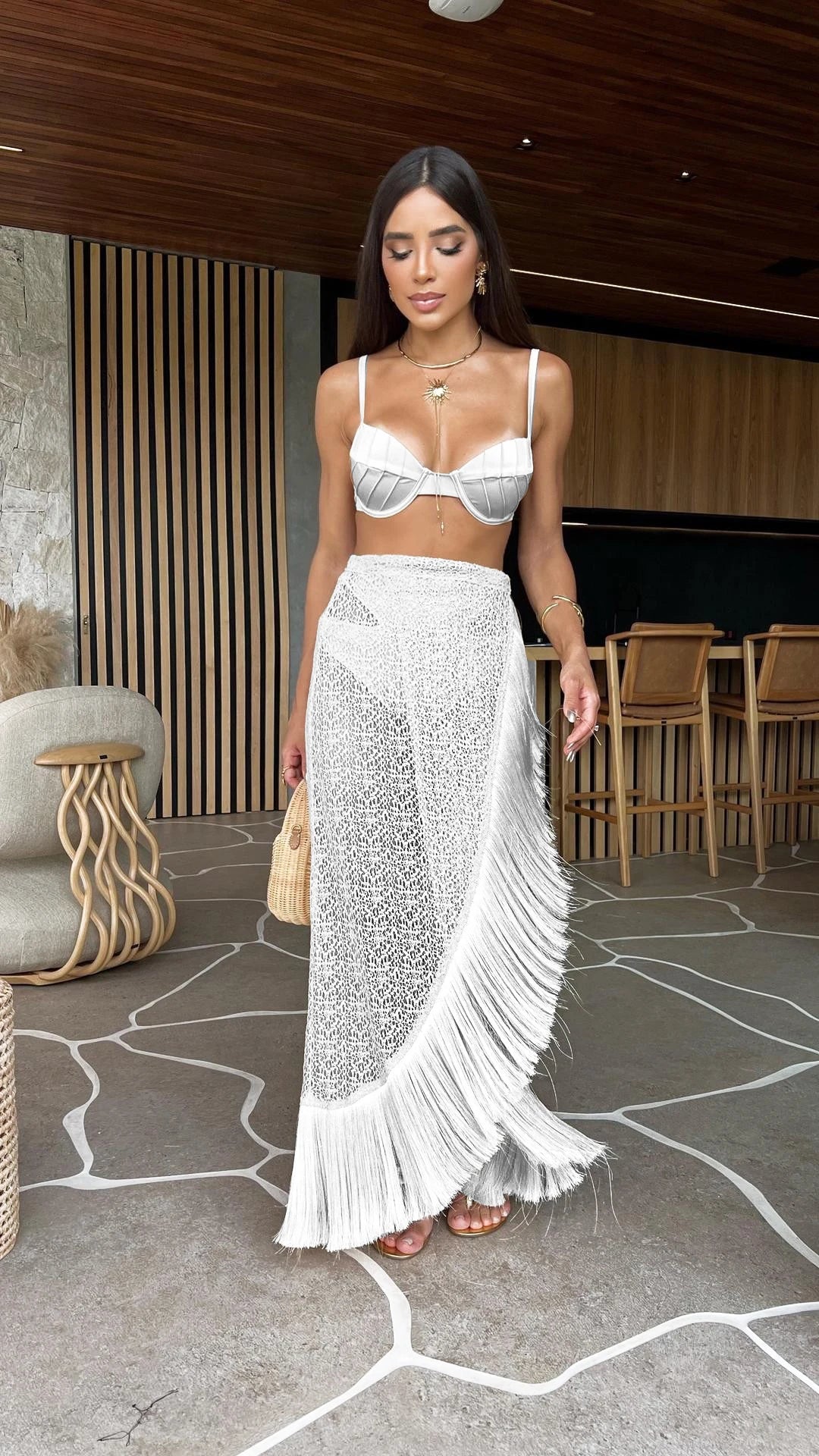Women's 3-Piece Solid Bikini Set - Padded Bra, Tassel High Waist & Beach Skirt