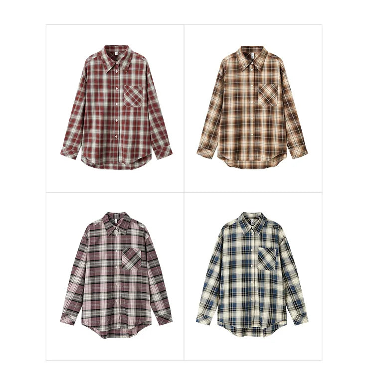 Oversized Drop Shoulder Plaid Shirt Loose Retro Casual Stylish Top
