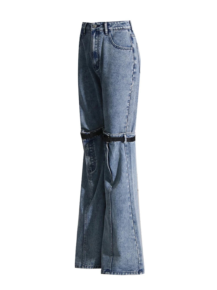 Women's Patchwork Belts Denim - High Waist Spliced Button Wide Leg Jeans