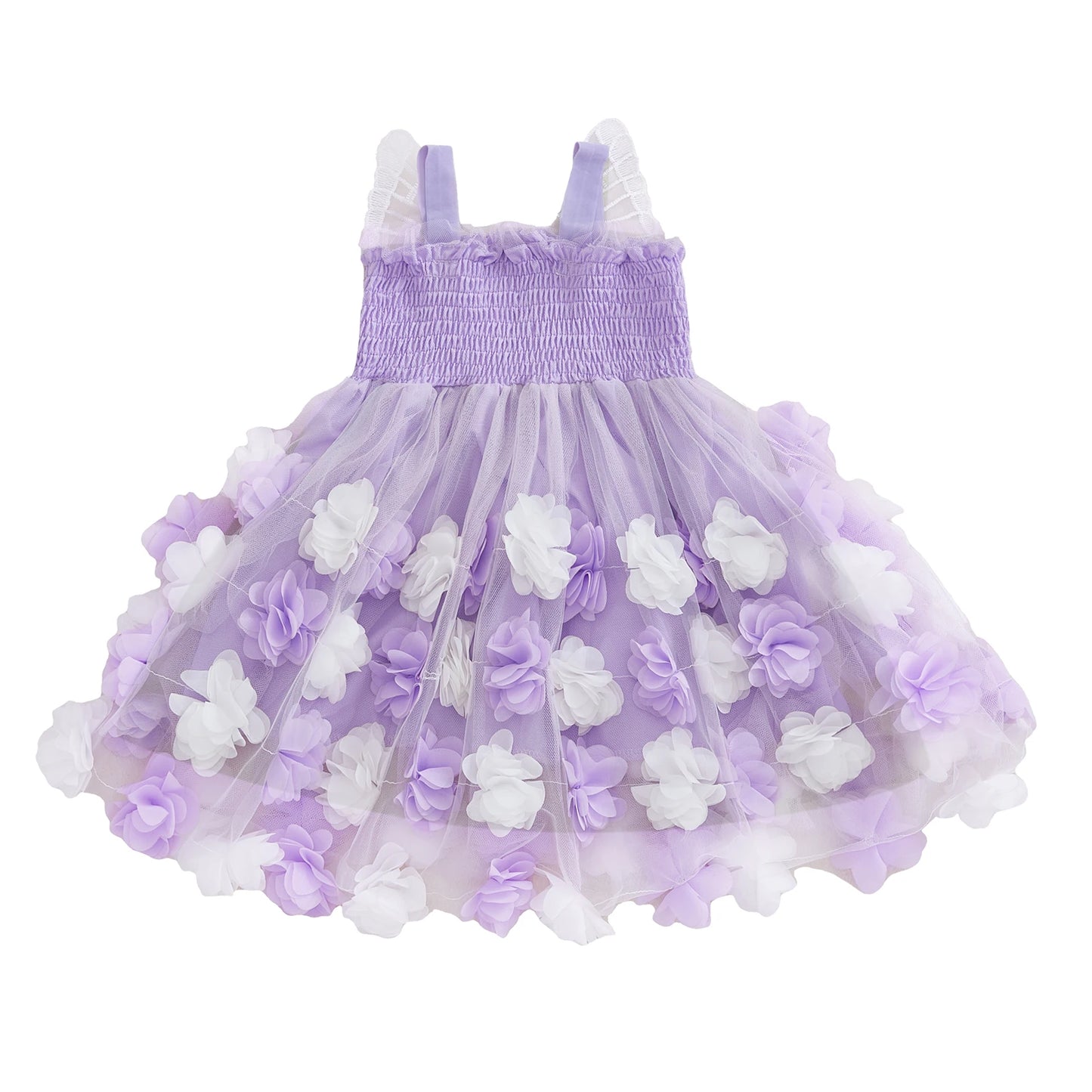 0-4Y Kids Girls Sleeveless Strap 3D Roses Lace Tulle Layered Dress with Wings