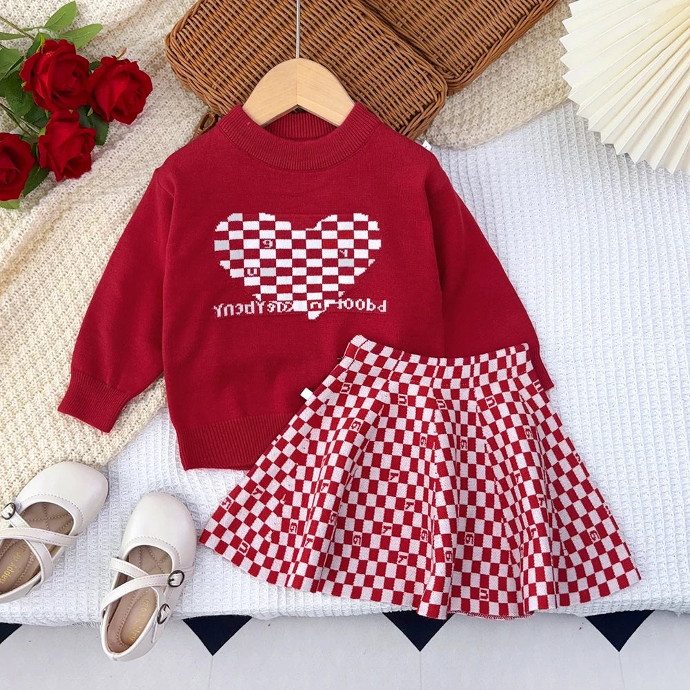 Girl's Heart-shaped Printed Round Neck Red Top and plaid Pleated A-line Skirt Set