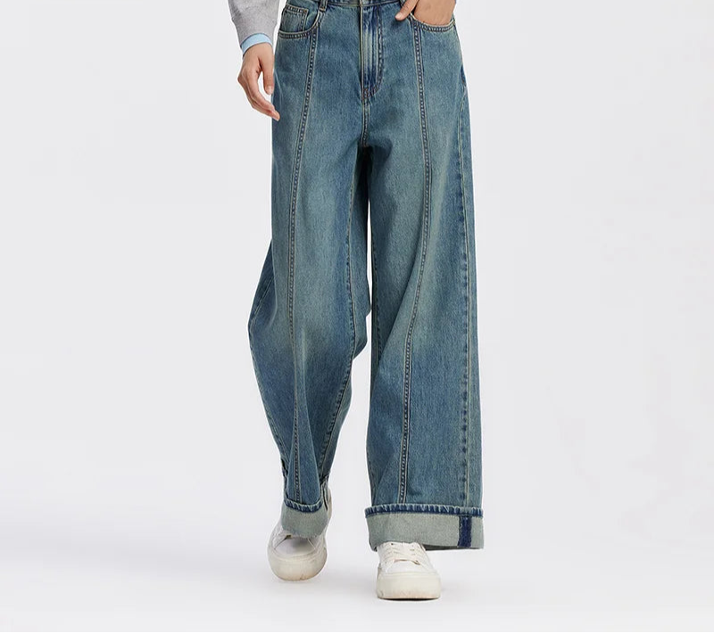 Women's Rolled Hem Loose Wide Leg Long Trousers