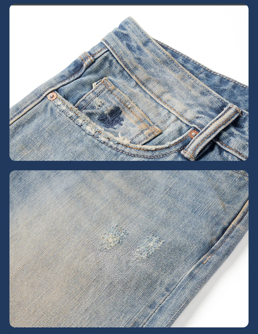 Men's Premium Selvedge Denim Jeans - 14.3oz Cotton Loose Straight Patchwork