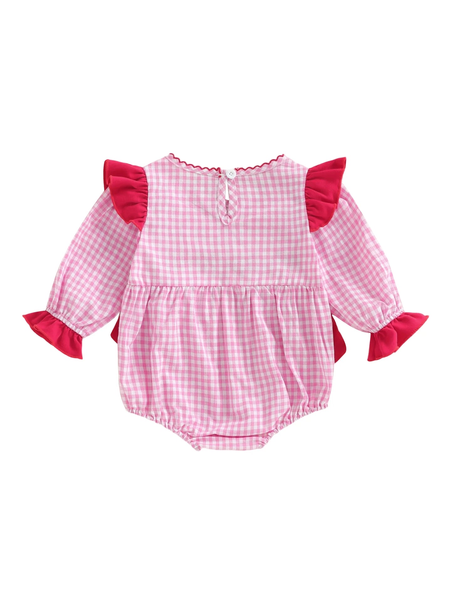 Baby Girls Boys Valentine's Day Plaid Print Bow Heart Embroidered Long Sleeve Romper
