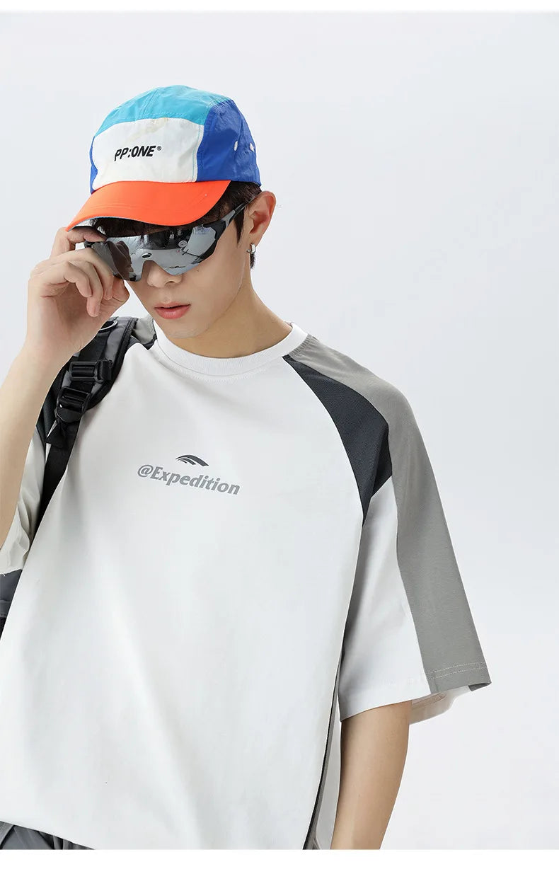 Men's Sports T-Shirt Mesh Breathable Colour Block Letter Print Short Sleeve