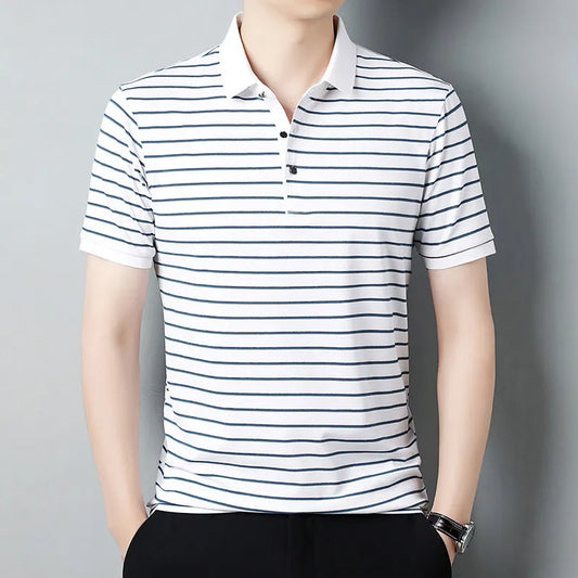 Men's Summer Striped Turn Down Collar Short Sleeve Smart Casual Wrinkle Free T-Shirt
