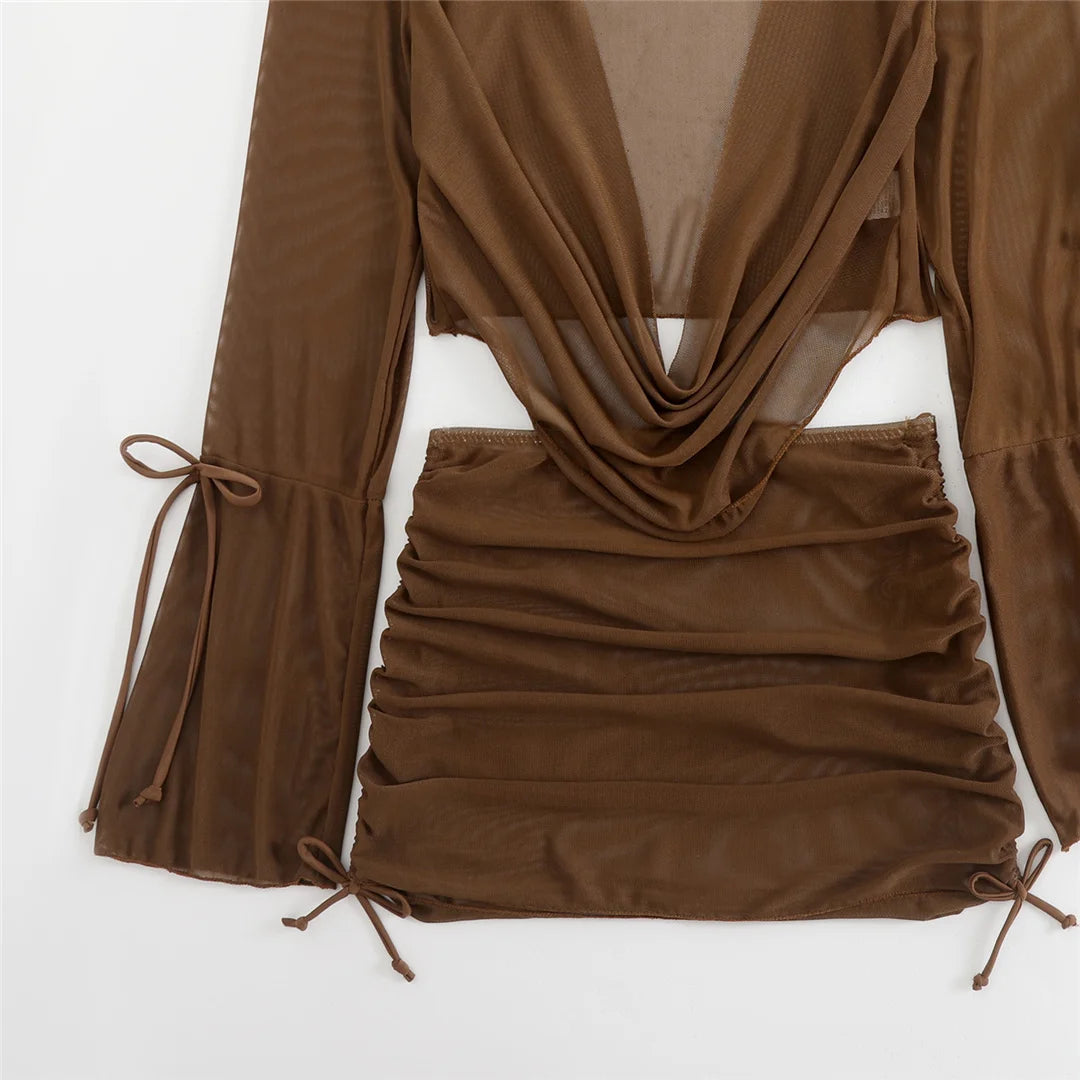 Women's Long Sleeve Cover Up Skirt Halter Bikini Swimsuit Swimwear Four-pieces Bikini Set