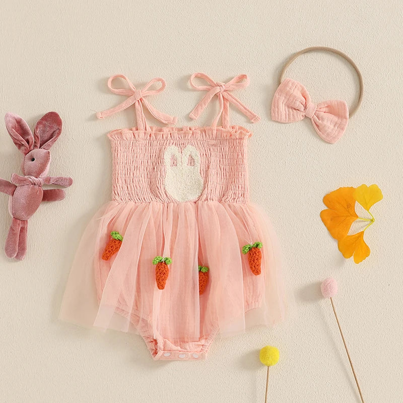 Baby Girls Easter Romper Dress with Headband - Rabbit Carrot Embroidery Tulle Jumpsuit