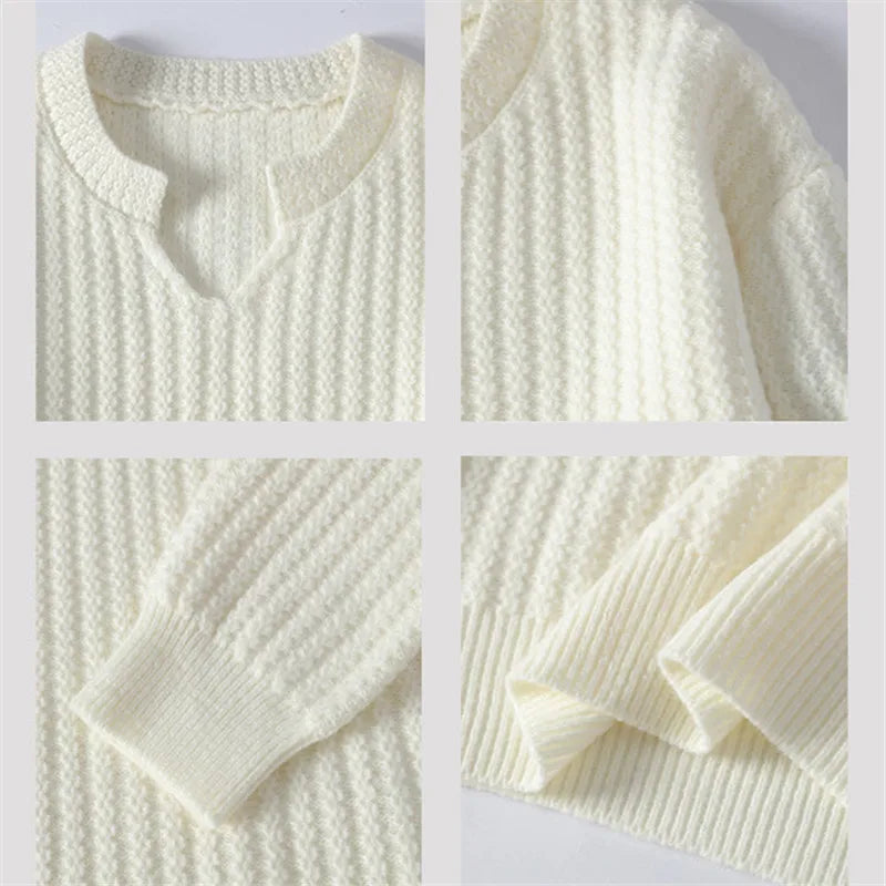 Autumn Winter V-Neck Knitted Sweater - Solid Colour Breathable Pullover