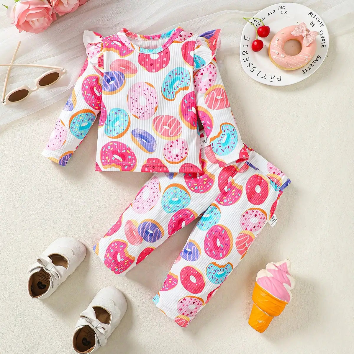 Two-Piece 6M-3Y Baby Girl's Flying Sleeve Round Neck Donut Print Outfit