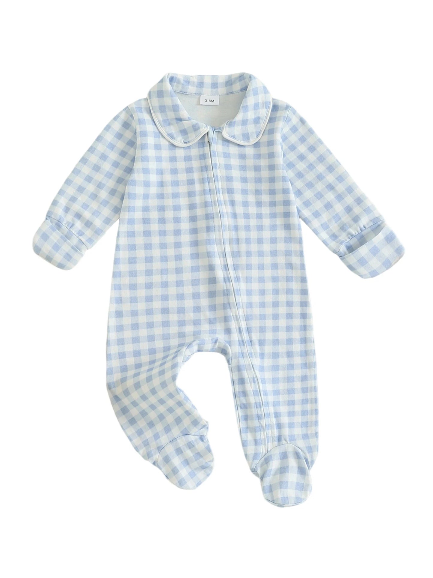Newborn Baby Plaid Romper - Doll Collar Long Sleeve Zip-Up Footed Jumpsuit