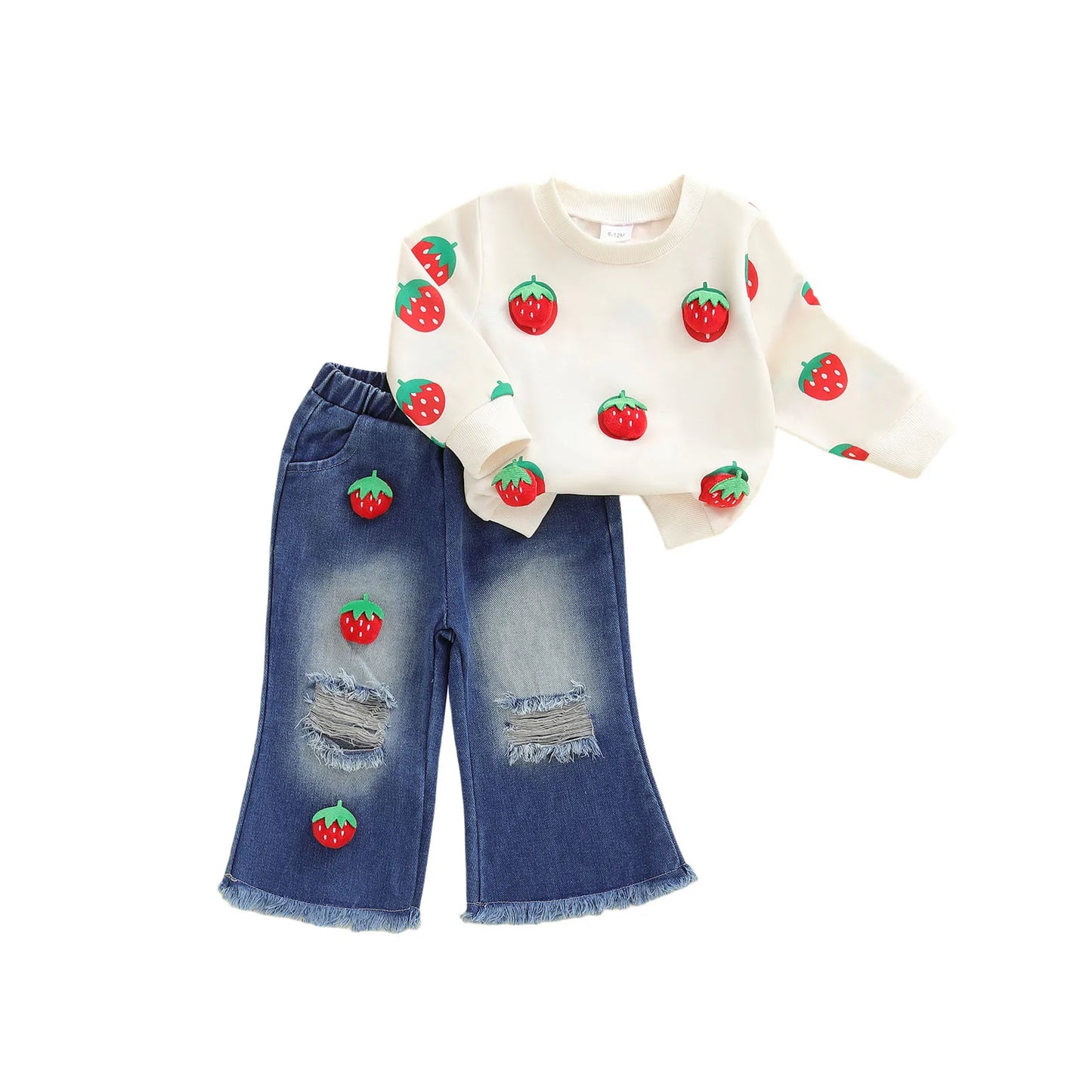 Kids Girls Fall Winter Clothes Set - 3D Strawberry Long Sleeve Pullover Top & Ripped Denim Flare Pants