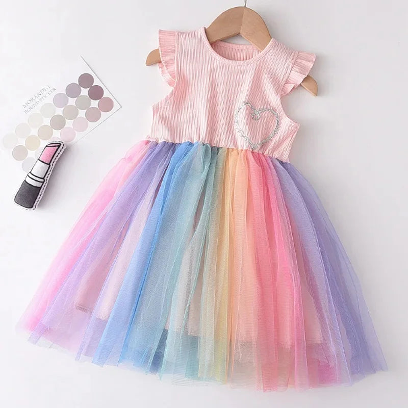 Girls Rainbow Mesh Party Dress – Colourful Sleeveless Summer Dress