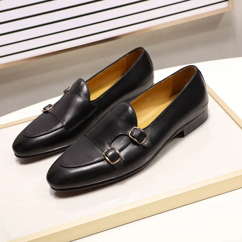 Men's Genuine Leather Loafers Handmade Monk Strap Shoes