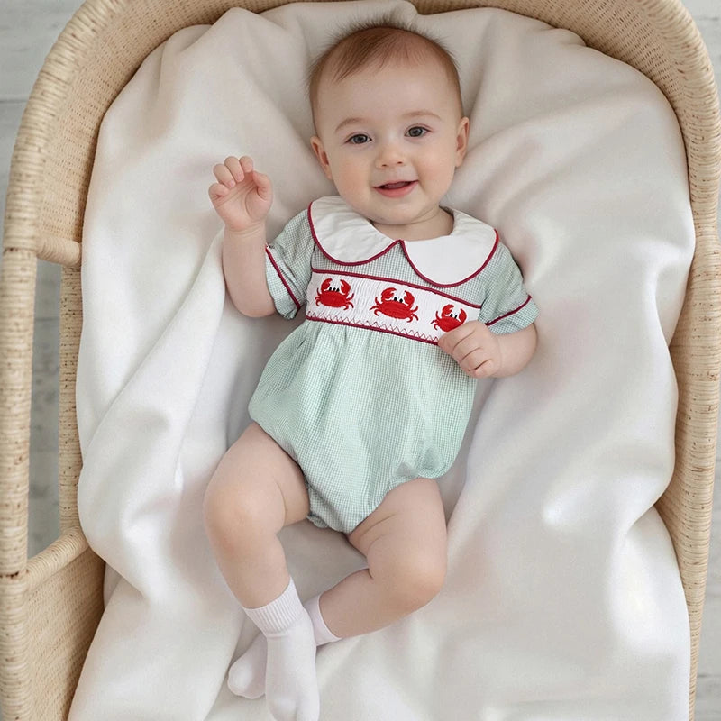 Baby Boys Girls Summer Romper - Crab Embroidery Doll Collar Jumpsuit (0-18M)